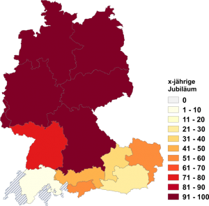 Relative Auftretenshäufigkeit von x-jährige Jubiläum innerhalb der einzelnen Areale im Verhältnis zu x-Jahr-Jubiläum (in %)