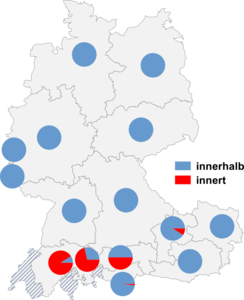 Relative Auftretenshäufigkeit von innerhalb / innert innerhalb der einzelnen Areale