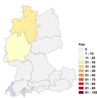 Relative Auftretenshäufigkeit von Kaje innerhalb der einzelnen Areale im Verhältnis zu Kai und Quai (in %)