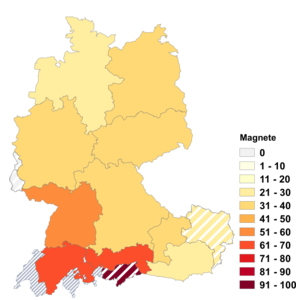 Relative Auftretenshäufigkeit von Magnete innerhalb der einzelnen Areale im Verhältnis zu Magneten (in %)