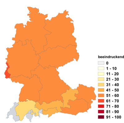 Relative Auftretenshäufigkeit von beeindruckend innerhalb der einzelnen Areale im Verhältnis zu eindrücklich und eindrucksvoll (in %)