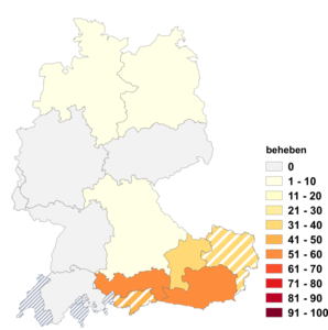 Relative Auftretenshäufigkeit von beheben innerhalb der einzelnen Areale im Verhältnis zu abheben (in %)