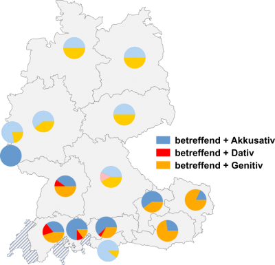 Relative Auftretenshäufigkeit von betreffend + Akkusativ / betreffend + Dativ / betreffend + Genitiv innerhalb der einzelnen Areale