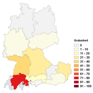 Relative Auftretenshäufigkeit von Grabarbeit innerhalb der einzelnen Areale im Verhältnis zu Grabungsarbeit (in %)