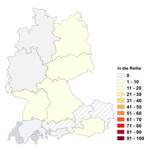 Relative Auftretenshäufigkeit von in die Reihe innerhalb der einzelnen Areale im Verhältnis zu auf die Reihe (in %)