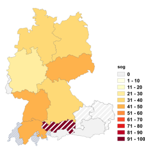 Relative Auftretenshäufigkeit von sog innerhalb der einzelnen Areale im Verhältnis zu saugte (in %)