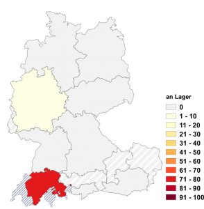 Relative Auftretenshäufigkeit von an Lager innerhalb der einzelnen Areale im Verhältnis zu auf Lager (in %)