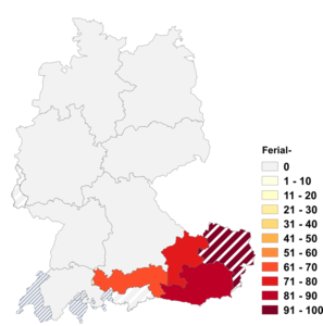 Relative Auftretenshäufigkeit von Ferial- innerhalb der einzelnen Areale im Verhältnis zu Ferien- (in %)