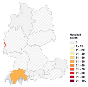 Relative Auftretenshäufigkeit von Hospitalisation innerhalb der einzelnen Areale im Verhältnis zu Hospitalisierung (in %)