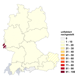 Relative Auftretenshäufigkeit von unflektiert nachgestellt innerhalb der einzelnen Areale im Verhältnis zu flektiert vorangestellt (in %)