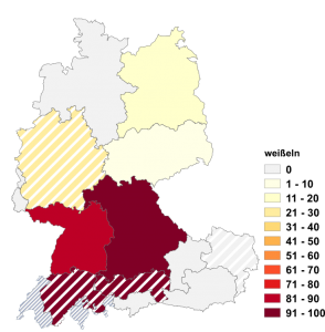 Relative Auftretenshäufigkeit von weißeln innerhalb der einzelnen Areale im Verhältnis zu weißen (in %)
