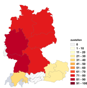 Relative Auftretenshäufigkeit von zustellen innerhalb der einzelnen Areale im Verhältnis zu verstellen (in %)