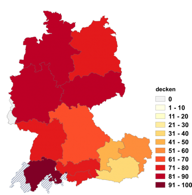 Relative Auftretenshäufigkeit von decken innerhalb der einzelnen Areale im Verhältnis zu abdecken und bedecken (in %)