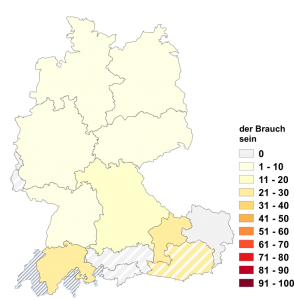 Relative Auftretenshäufigkeit von der Brauch sein innerhalb der einzelnen Areale im Verhältnis zu Brauch sein (in %)
