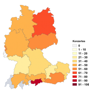Relative Auftretenshäufigkeit von Konzertes innerhalb der einzelnen Areale im Verhältnis zu Konzerts (in %)