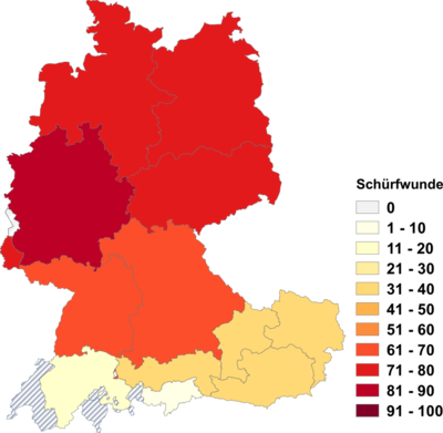 Relative Auftretenshäufigkeit von Schürfwunde innerhalb der einzelnen Areale im Verhältnis zu Abschürfung und Schürfung (in %)