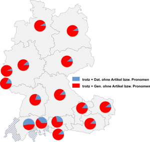Relative Auftretenshäufigkeit von trotz + Dativ ohne Artikel bzw. Pronomen / trotz + Genitiv ohne Artikel bzw. Pronomen innerhalb der einzelnen Areale