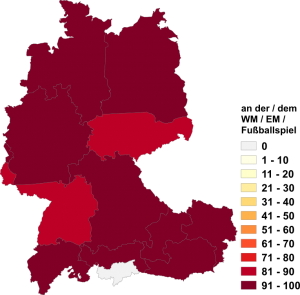 Relative Auftretenshäufigkeit von an der WM / EM / dem Fußballspiel innerhalb der einzelnen Areale im Verhältnis zu bei der WM / EM / dem Fußballspiel (in %)