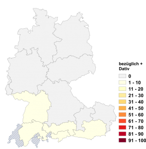 Relative Auftretenshäufigkeit von bezüglich + Dativ innerhalb der einzelnen Areale im Verhältnis zu bezüglich + Genitiv (in %)