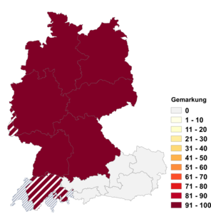 Relative Auftretenshäufigkeit von Gemarkung innerhalb der einzelnen Areale im Verhältnis zu Markung (in %)