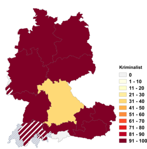 Relative Auftretenshäufigkeit von Kriminalist innerhalb der einzelnen Areale im Verhältnis zu Kriminaler (in %)