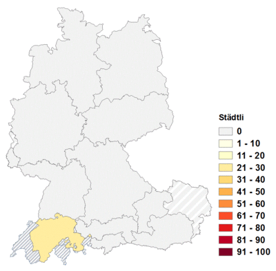 Relative Auftretenshäufigkeit von Städtli innerhalb der einzelnen Areale im Verhältnis zu Städtchen und Städtle (in %)