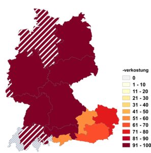 Relative Auftretenshäufigkeit von -verkostung innerhalb der einzelnen Areale im Verhältnis zu -kost (in %)