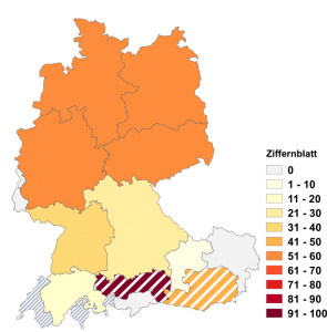 Relative Auftretenshäufigkeit von Ziffernblatt innerhalb der einzelnen Areale im Verhältnis zu Zifferblatt (in %)