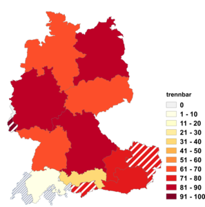 Relative Auftretenshäufigkeit der trennbaren Verwendungsweise innerhalb der einzelnen Areale im Verhältnis zur untrennbaren Verwendungsweise (in %)