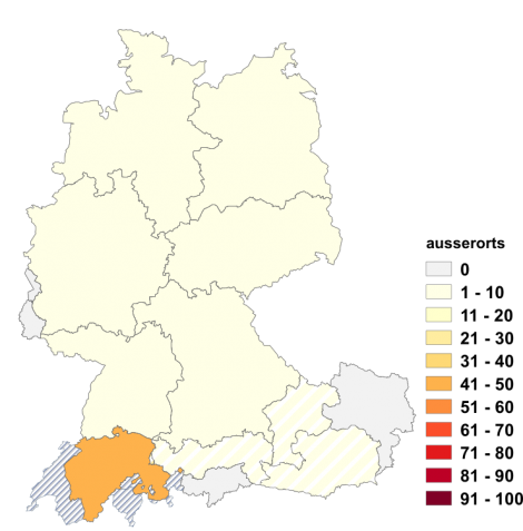 Relative Auftretenshäufigkeit von ausserorts innerhalb der einzelnen Areale im Verhältnis zum Gesamtvorkommen in allen Arealen (in %)