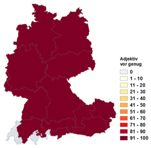 Relative Auftretenshäufigkeit von Adjektiv + genug innerhalb der einzelnen Sprachregionen im Verhältnis zu genug + Adjektiv (in %)