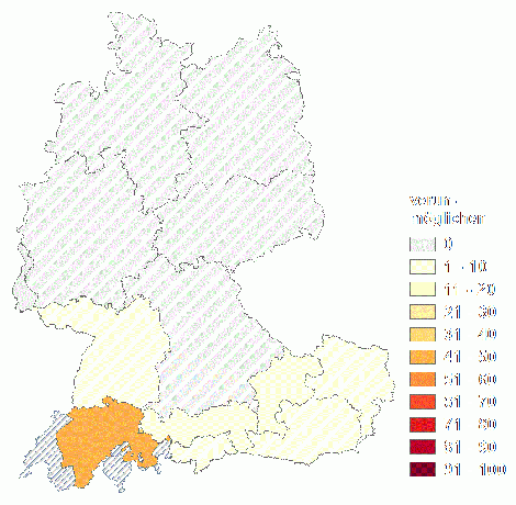 Relative Auftretenshäufigkeit von verunmöglichen innerhalb der einzelnen Areale im Verhältnis zum Gesamtvorkommen in allen Arealen (in %)