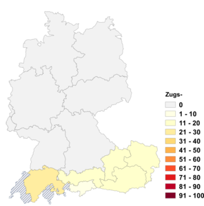 Relative Auftretenshäufigkeit von Zugs- innerhalb der einzelnen Areale im Verhältnis zu Zug- (in %)