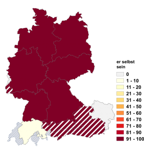 Relative Auftretenshäufigkeit von er selbst sein innerhalb der einzelnen Areale im Verhältnis zu sich selbst sein (in %)
