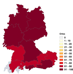 Relative Auftretenshäufigkeit von Ortes innerhalb der einzelnen Areale im Verhältnis zu Orts (in %)