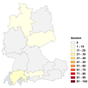 Relative Auftretenshäufigkeit von Säcklein innerhalb der einzelnen Areale im Verhältnis zu Säckchen, Sackerl und Säckli (in %)