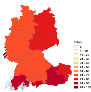 Relative Auftretenshäufigkeit von Schaf- innerhalb der einzelnen Areale im Verhältnis zu Schafs- (in %)