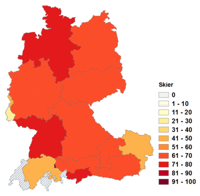 Relative Auftretenshäufigkeit von Skier innerhalb der einzelnen Areale im Verhältnis zu Ski und Skis (in %)