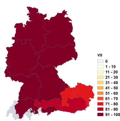 Relative Auftretenshäufigkeit von VS innerhalb der einzelnen Areale im Verhältnis zu ZS und NS (in %)