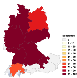 Relative Auftretenshäufigkeit von Bauersfrau innerhalb der einzelnen Areale im Verhältnis zu Bauernfrau (in %)