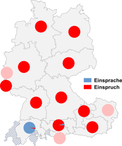 Relative Auftretenshäufigkeit von Einsprache / Einspruch innerhalb der einzelnen Areale