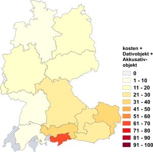 Relative Auftretenshäufigkeit von kosten mit Dativobjekt + Akkusativobjekt innerhalb der einzelnen Areale im Verhältnis zu kosten mit zwei Akkusativobjekten (in %)
