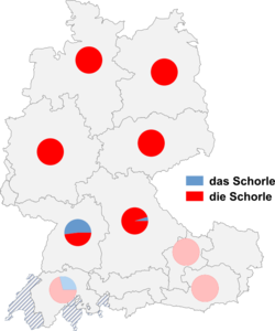 Relative Auftretenshäufigkeit von das Schorle / die Schorle innerhalb der einzelnen Areale