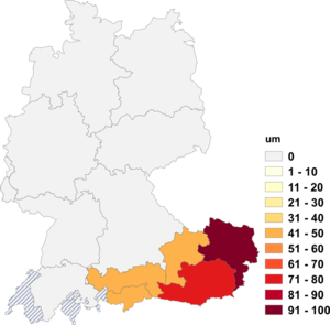 Relative Auftretenshäufigkeit von um innerhalb der einzelnen Sprachregionen im Verhältnis zu für (in %)