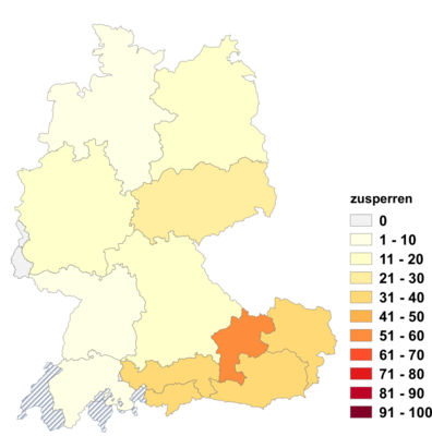 Relative Auftretenshäufigkeit von zusperren innerhalb der einzelnen Areale im Verhältnis zu absperren und versperren (in %)