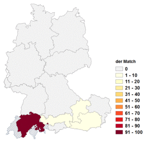 Relative Auftretenshäufigkeit von der Match innerhalb der einzelnen Areale im Verhältnis zu das Match (in %)