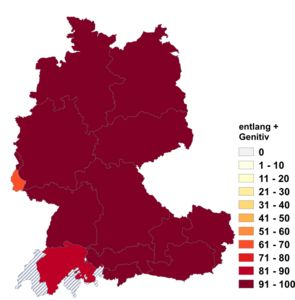 Relative Auftretenshäufigkeit von entlang + Genitiv innerhalb der einzelnen Areale im Verhältnis zu entlang + Dativ (in %)