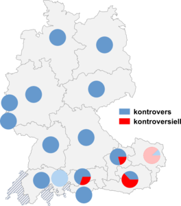 Relative Auftretenshäufigkeit von kontrovers / kontroversiell innerhalb der einzelnen Areale