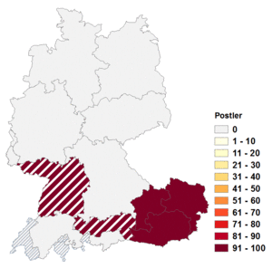 Relative Auftretenshäufigkeit von Postler innerhalb der einzelnen Areale im Verhältnis zu Pöstler (in %)