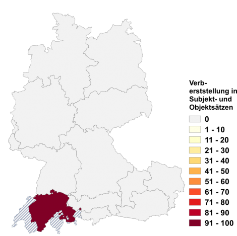 Relative Auftretenshäufigkeit der Verberststellung in Subjekt- und Objektsätzen innerhalb der einzelnen Areale im Verhältnis zum Gesamtvorkommen in allen Arealen (in %)